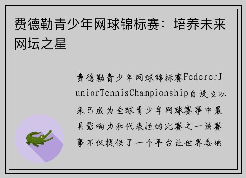 费德勒青少年网球锦标赛:培养未来网坛之星 费德勒青少年网球锦标赛:培养未来网坛之星