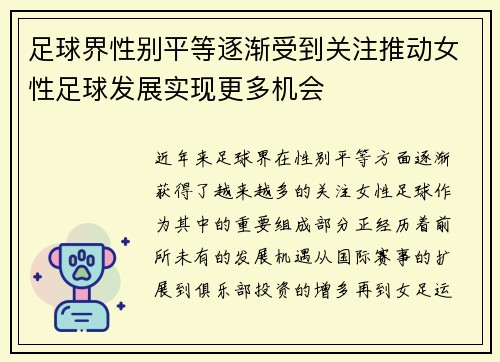 足球界性别平等逐渐受到关注推动女性足球发展实现更多机会