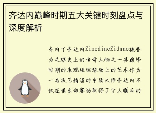 齐达内巅峰时期五大关键时刻盘点与深度解析